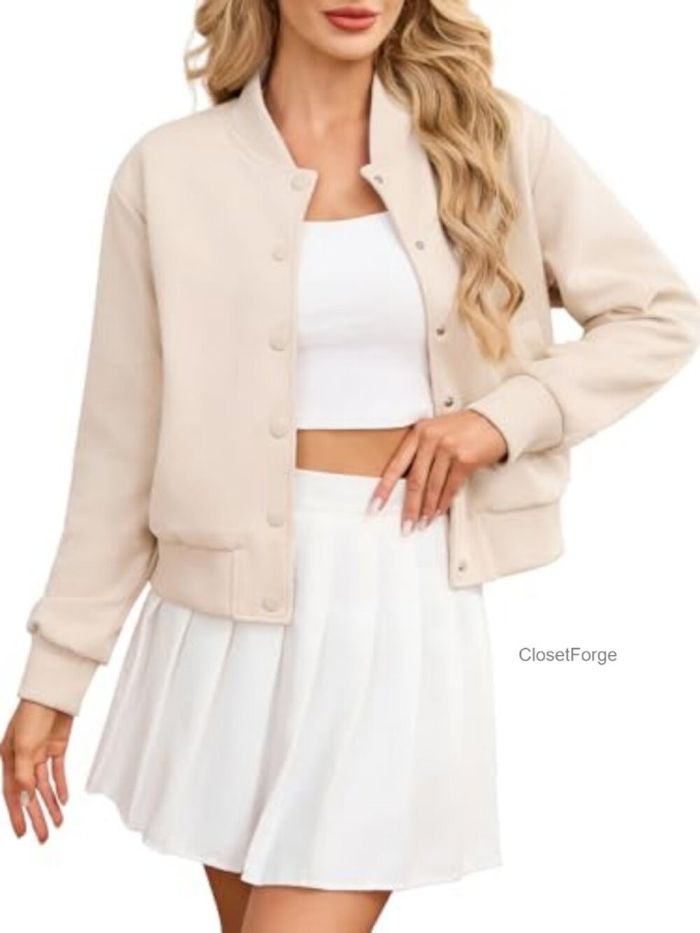 Faux Suede Cropped Varsity Bomber Jacket Button Front Casual